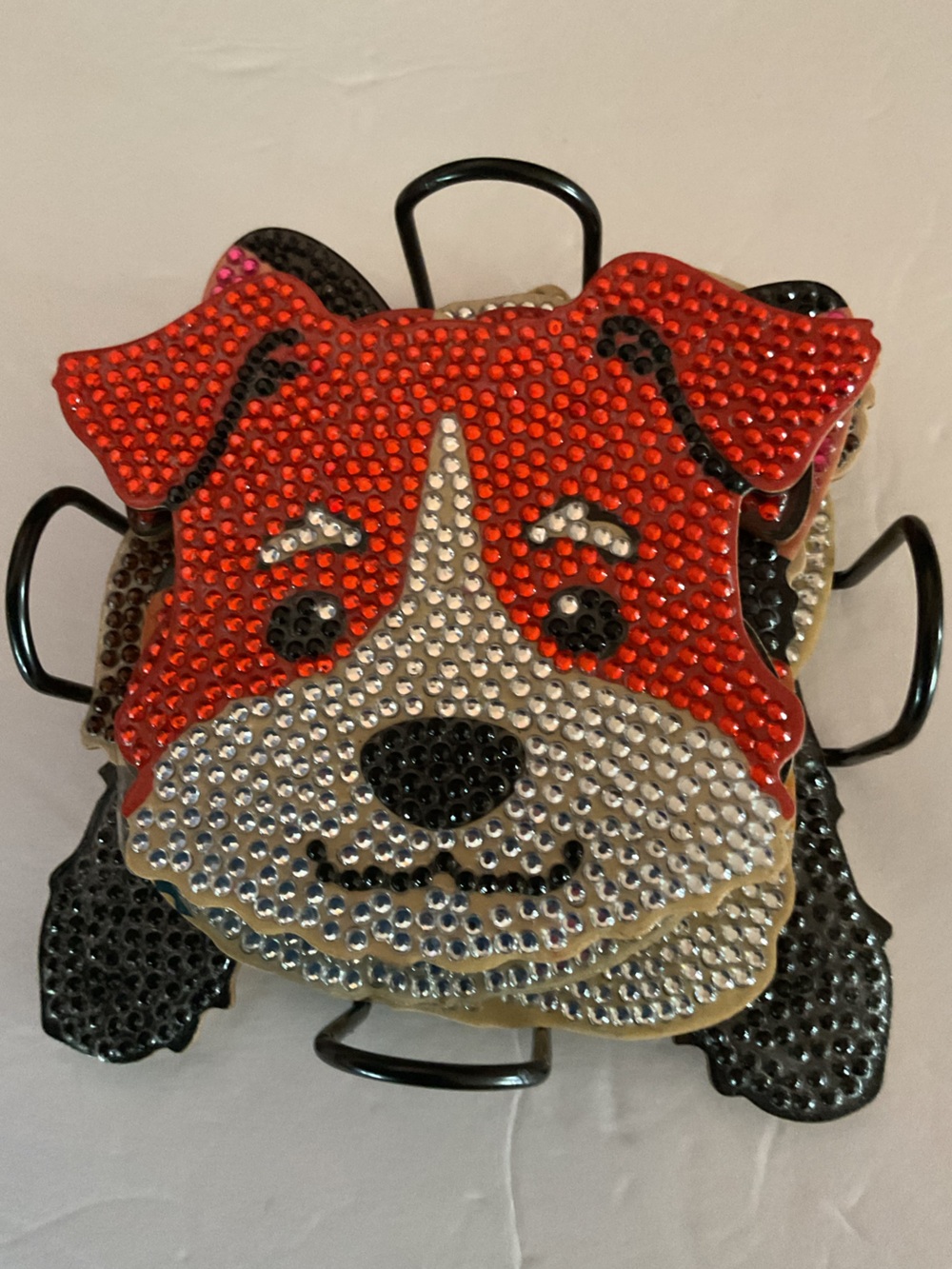 Set of 6 w/ holder Dog Face coasters. Assorted Colorful Dog Designs.